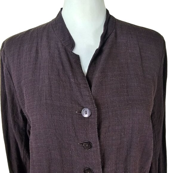 Eileen Fisher Linen Blend Button Up Blouse Sz M Dark Brown Pockets Minimalist - Picture 4 of 10